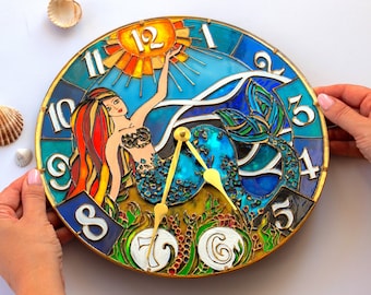 Stained glass wall clock kids Mermaid, Christmas gift daughter, Fantasy clock for girl, unique gift for kid, Fairy wall clock, mermaid clock