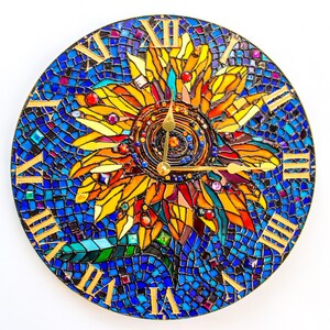 Yellow sunflower Wall clock Stained glass room decor Big bright round clock Hand Painted table clock Sunflower decor wall, Flowers mosaic image 2