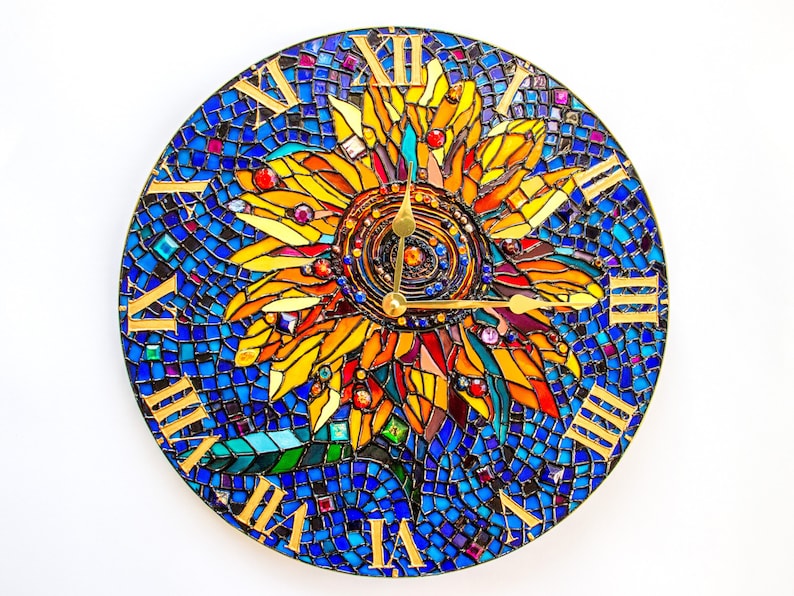 Yellow sunflower Wall clock Stained glass room decor Big bright round clock Hand Painted table clock Sunflower decor wall, Flowers mosaic image 2