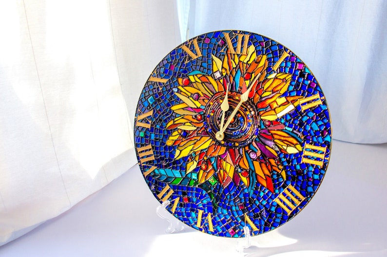 Yellow sunflower Wall clock Stained glass room decor Big bright round clock Hand Painted table clock Sunflower decor wall, Flowers mosaic image 1