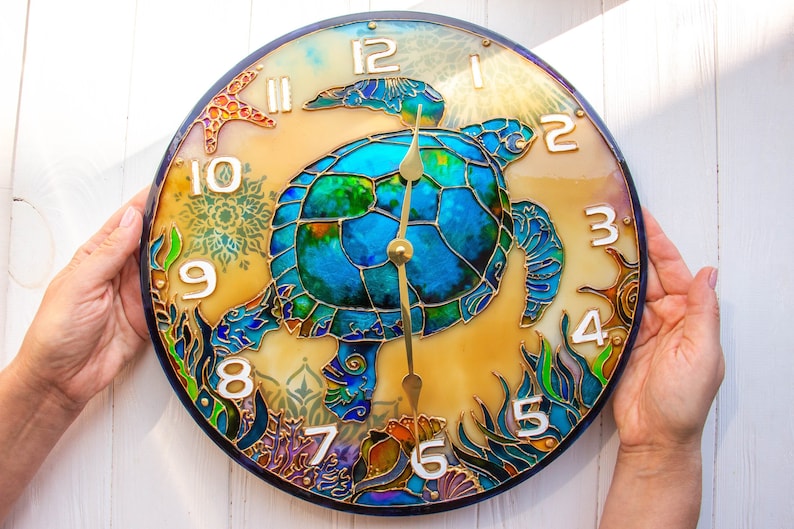 Stain glass wall clock decorative wall clock, sea turtle gift, wall clock unique, Sea Glass art, ocean stained glass, large wall clock image 1