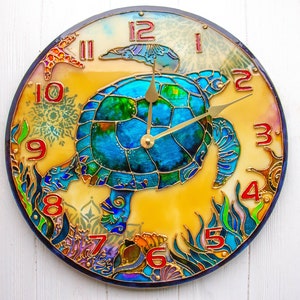 Stain glass wall clock decorative wall clock, sea turtle gift, wall clock unique, Sea Glass art, ocean stained glass, large wall clock image 3