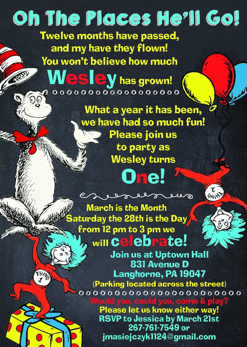 Cat in the Hat Birthday Invitation Use for First Birthday or Any Other
