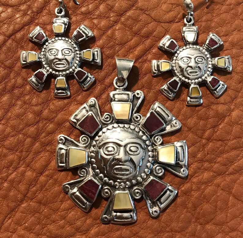 Sterling 950 Inca Aztec Sun Pendant And Earrings By Carlo Image 0