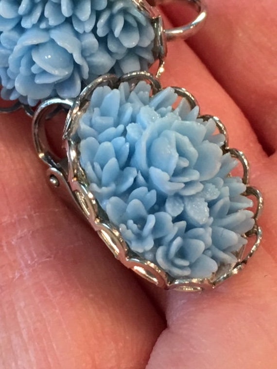 Vintage 1960's carved blue rose earrings clip ons - image 4