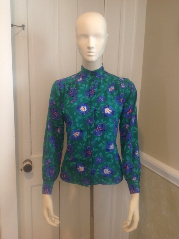 Vintage 80s Emerald Green Floral Blouse, Mandarin Collar, Pendleton