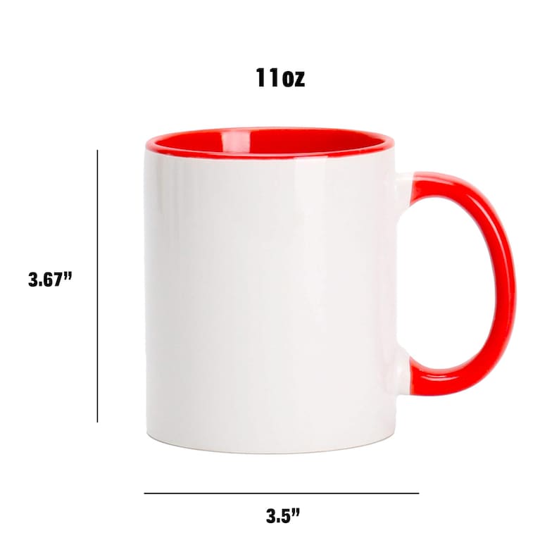 May include: White ceramic mug with a red rim and handle. The mug is 3.67 inches tall and 3.5 inches wide. It has a capacity of 11 ounces.