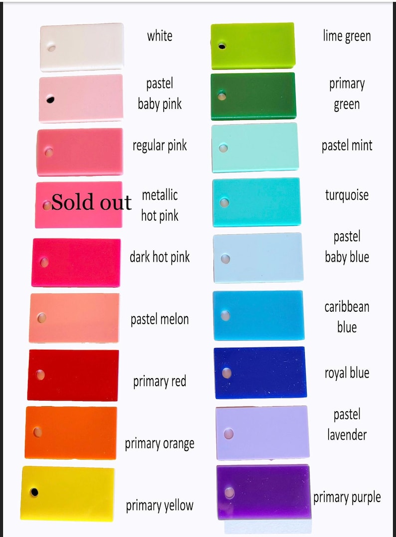 Pu&ograve; includere: Una cartella colori con 20 campioni di colore con i loro nomi corrispondenti. I colori includono bianco, rosa pastello baby, rosa regolare, rosa metallico, rosa scuro, melone pastello, rosso primario, arancione primario, giallo primario, verde lime, verde primario, menta pastello, turchese, azzurro pastello baby, blu caraibico, blu reale, lavanda pastello e viola primario.