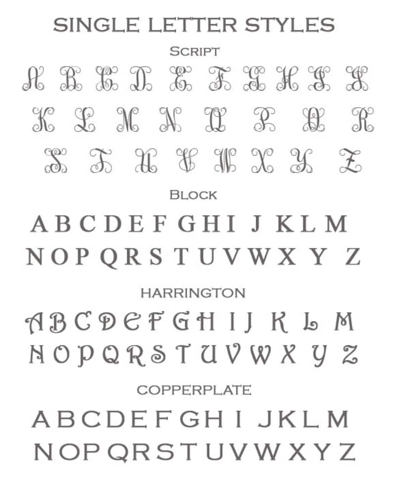 May include: A chart showing four different letter styles: Script, Block, Harrington, and Copperplate. Each style shows the alphabet in uppercase letters.