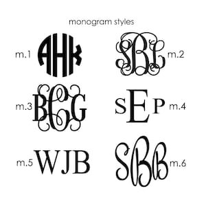 Op de afbeelding: Zes verschillende monogram-stijlen worden getoond. De eerste stijl is een cirkel met de letters AHK erin. De tweede stijl is een schrijfletter met de letters SBL. De derde stijl is een schrijfletter met de letters BCG. De vierde stijl is een blokletter met de letters SEP. De vijfde stijl is een blokletter met de letters WJB. De zesde stijl is een schrijfletter met de letters SBB.