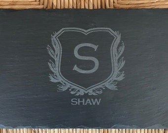 Personalized Slate Cheese Board-Large, Monogram Slate Server, Wedding Gift, Hostess Gift, Housewarming Gift, SHIELD DESIGN