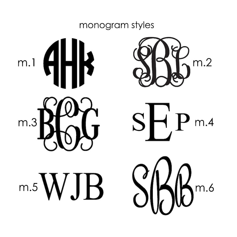 May include: Six different monogram styles are shown. The first style is a circle with the letters AHK inside. The second style is a script font with the letters SBL. The third style is a script font with the letters BCG. The fourth style is a block font with the letters SEP. The fifth style is a block font with the letters WJB. The sixth style is a script font with the letters SBB.