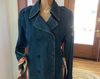 Women’s vintage Mudd denim jacket, size Large, enhanced with Pendleton® wool in  cream,gold, teal, & chocolate.