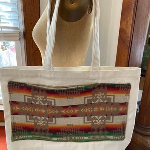 May include: A white canvas tote bag with a rectangular patterned pocket. The pocket features a geometric design in shades of brown, red, orange, and green. The bag has two white straps and a zipper closure on the pocket.
