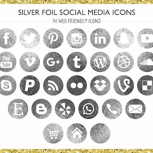 120 Silver Foil Social Media Icons! PNG files- Digital Download- Blog/Wordpress/Web/Email Friendly