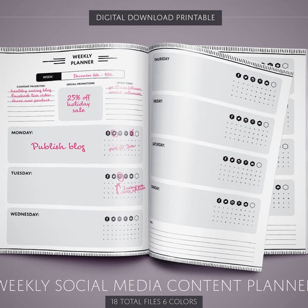 PRINTABLE Weekly Social Media Planner - Digital Download Content Organizer - Social Media Marketing Planner - Digital Marketing Agenda