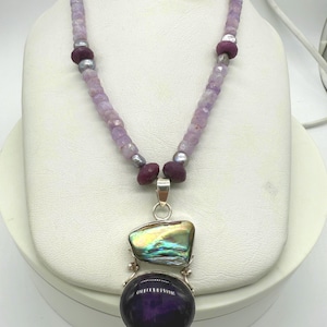Vintage. Abalone Shell with Amethyst Pendant Necklace. Pearls , Ruby, Lavender Amethyst and Sterling Silver.