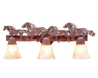 Quickship: Horse Vanity Light 3 Bulbs | Made in USA | Lakeside Triple - Running Horse Metal Laser Cut | Avalanche Ranch Lighting