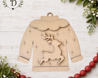 Reindeer Christmas Sweater Ornament Kit – DIY Wooden Ornament – Paint Your Own Holiday Sweater Craft - Pop Out Wood Ornament Blank
