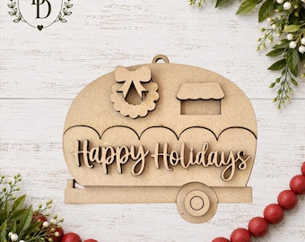 DIY Christmas Camper Ornament Kit – Happy Holidays RV Ornament – Paint Your Own Wooden Camper Craft - Pop Out Ornament Wood Blank