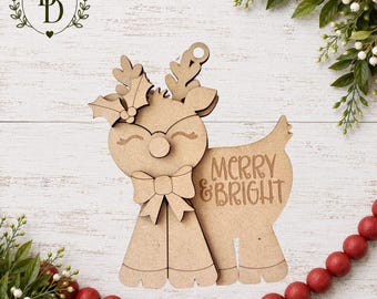 Merry & Bright Reindeer Ornament Kit – DIY Wooden Christmas Deer – Paint Your Own Holiday Reindeer - Pop Out Wood Ornament Blank
