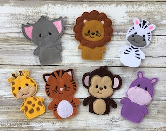 Marionetas de dedo de animales del zoológico para juegos de simulación e imaginación: león, tigre, jirafa, cebra, elefante, mono, hipopótamo.