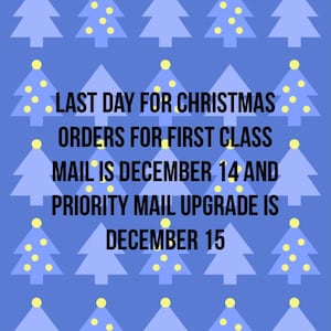 May include: A blue background with a pattern of light blue Christmas trees with yellow stars. The text reads: "LAST DAY FOR CHRISTMAS ORDERS FOR FIRST CLASS MAIL IS DECEMBER 14 AND PRIORITY MAIL UPGRADE IS DECEMBER 15"