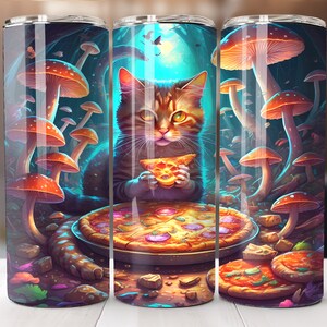 May include: A colorful tumbler with a cat eating pizza in a mushroom forest. The cat is brown and white with green eyes. The pizza is topped with red and green peppers, mushrooms, and cheese. The mushrooms are brown and white with red spots. The background is a dark blue and purple.