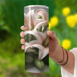 3D White Pink Lilies Flowers 20 oz Skinny Tumbler Sublimation Design, Straight Tumbler Wrap, Instant Digital Download PNG