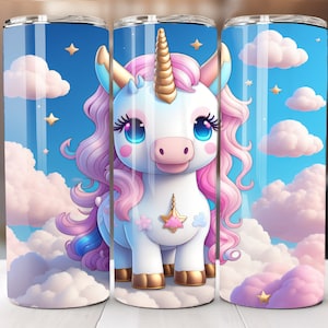 Różowy kubek jednorożca 3D - 20 oz Skinny Tumbler Sublimacja Design dla dzieci, Natychmiastowe pobieranie cyfrowe PNG, Proste opakowanie na kubek dla dzieci