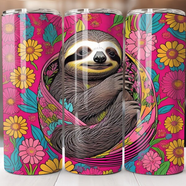 3D Sloth wrapped in flowers 20 oz Skinny Tumbler Sublimation Digital Download, Straight Tumbler Wrap beautiful flowers tumblers - Pretty