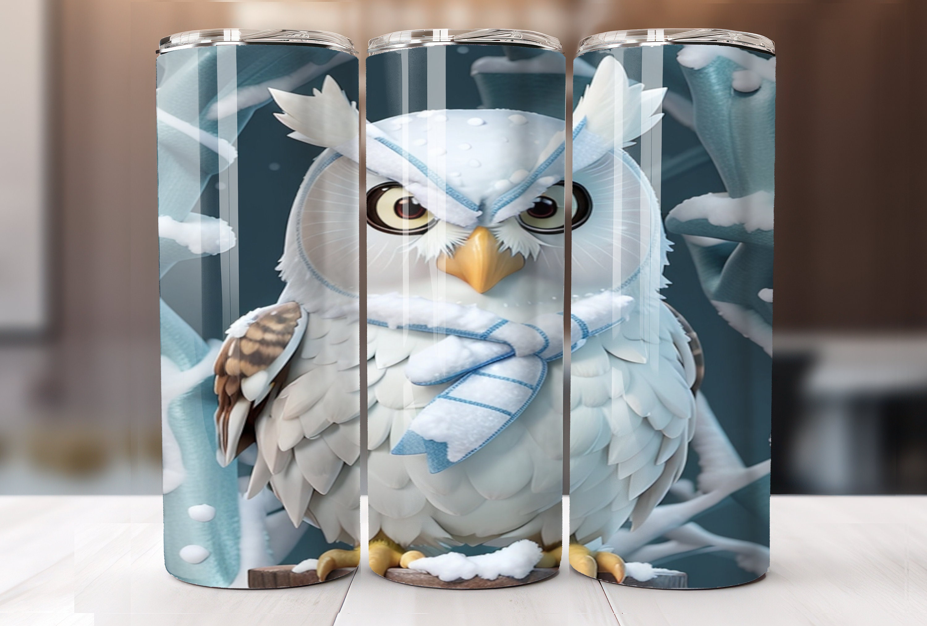 3d snowy owl 20oz skinny tumbler - Pretty owl bird sublimation png Beautiful nature art digital desi