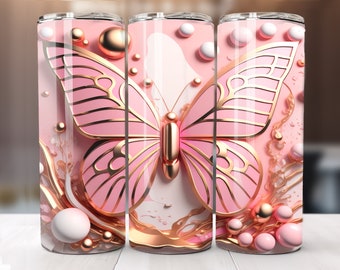 3D Pink Gold Butterfly 20 oz Skinny Tumbler Sublimation Design, Instant Digital Download PNG, Butterfly Tumbler Wrap, Beautiful gift for mom