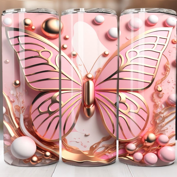 3D-Rosagold-Schmetterling 20 Unze Skinny Tumbler Sublimationsdesign, sofortiger digitaler Download PNG, Schmetterling Tumbler Wrap, schönes Geschenk für Mama