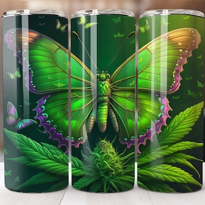 May include: Three stainless steel tumblers with a green butterfly design. The butterfly has iridescent green wings with purple and gold accents. The background is a dark green with green leaves and smaller butterflies.