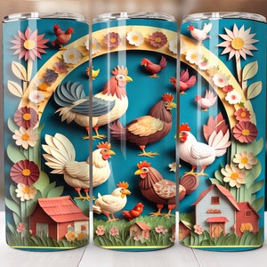Bicchieri di animali da fattoria 3D - 20 once bicchiere magro galli galli e decorazioni floreali - idea regalo per lei - png digitale in stile arte country