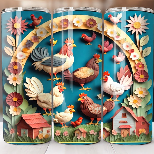 3d farm animal tumblers - 20oz skinny tumbler chickens roosters and flowers decor - gift idea for her - country side art style digital png