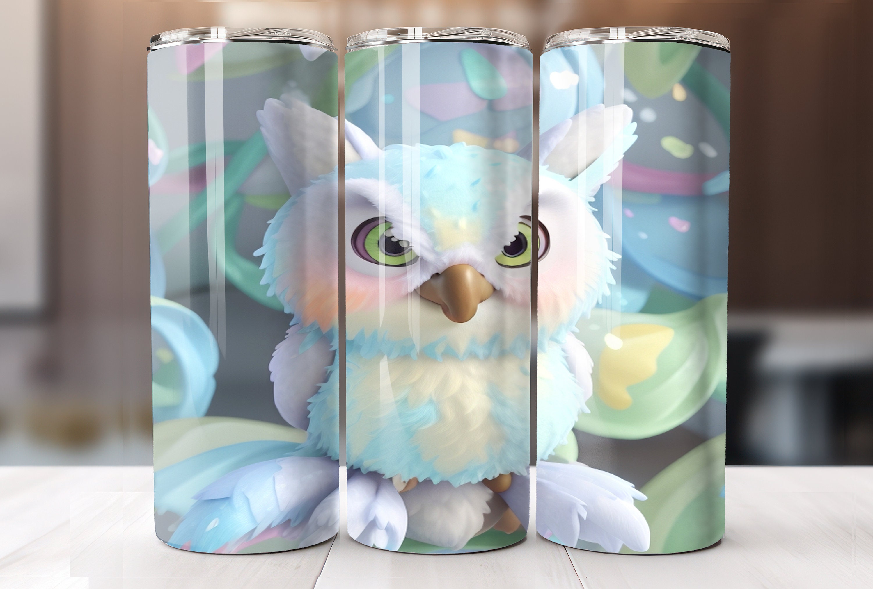 3d owl tumbler skinny wrap - 3d rainbow realistic straight tumbler wrap sublimation png digital down