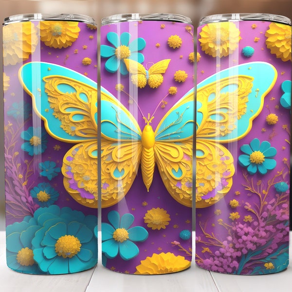 3D Beautiful Butterflies Colorful 20oz Skinny Tumbler Sublimation Design, Instant Digital Download PNG, Straight Tumbler Wrap