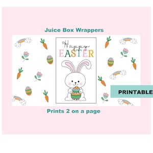 May include: Printable juice box wrappers featuring a cute bunny holding an Easter egg with the text "Happy Easter" and a colorful background with rainbows, carrots, and flowers.