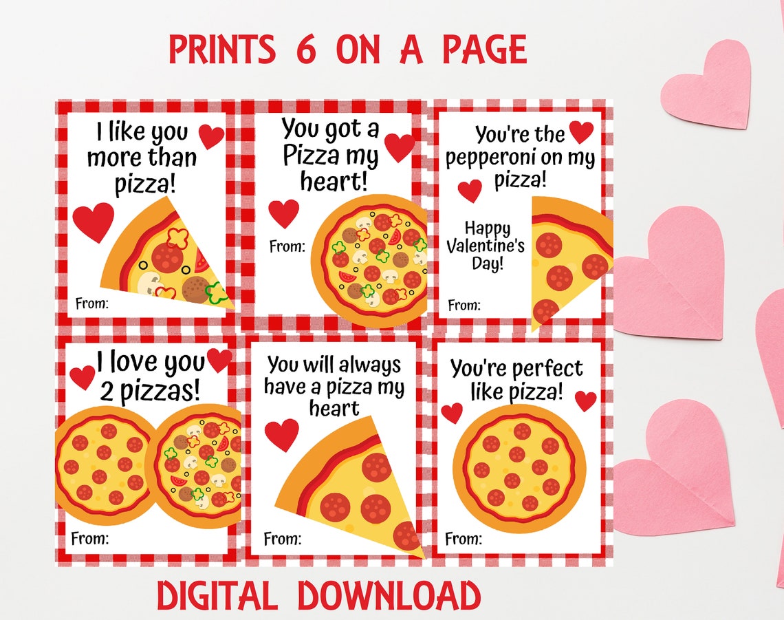 PIZZA Valentines Day Cards Valentines Cards For Kids Classroom PRINTABLE Valentine s Day Cards