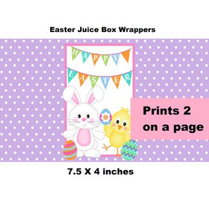 May include: Two printable Easter juice box wrappers featuring a white bunny holding a basket of colorful eggs and a yellow chick. The wrappers are decorated with a purple polka dot background and a banner that reads "Happy Easter". The wrappers are 7.5 inches by 4 inches and print two per page.