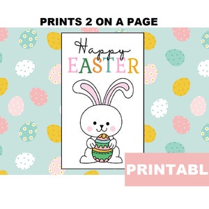 May include: Printable card featuring a white bunny holding a colourful Easter egg. The card has the text "Happy Easter" in rainbow colours and a pastel blue background with a pattern of colourful eggs.