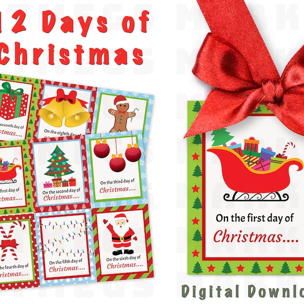 12 Days of Christmas PRINTABLE Tags, Secret Santa Tags for Teacher, Xmas Gift School INSTANT DOWNLOAD, Friend neighbor Christmas gift, candy