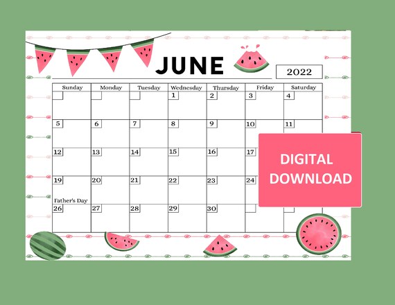 PRINTABLE Calendar Printable Kids Calendar JUNE 2022 - Etsy