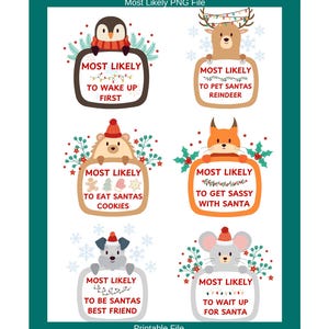 Immagini PDF STAMPABILI più probabili per Tag, Carte, Premi, Spille, Magneti e altro, Premi di Babbo Natale segreto, Animali di Natale, Bambini più probabili