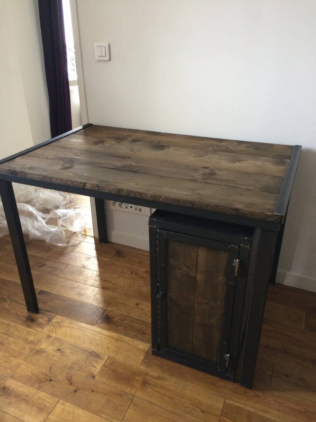 Bureau Vintage de Style Industriel en Acier Brossé et Bois Brut Ciré