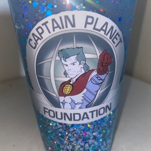 Captain Planet plastic tumbler with glitter 80&#39;s cartoons cup with lid