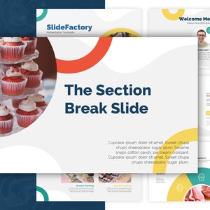 Könnte beinhalten: Eine Präsentationsfolie mit dem Titel "The Section Break Slide" und einem Foto von Red-Velvet-Cupcakes auf einem mehrstöckigen Ständer. Die Folie ist mit bunten Kreisen und Wellenlinien verziert. Der Text "Cupcake ipsum dolor sit amet. Sweet chupa chups cheesecake sugar plum Sesame snaps cotton candy pie cream croissant Cupcake ipsum dolor sit amet. Sweet chupa chups cheesecake sugar plum" befindet sich am unteren Rand der Folie.