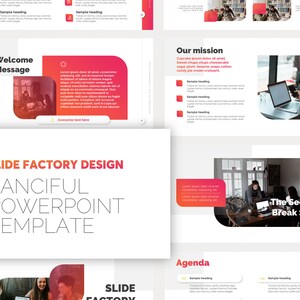 Puede incluir: Un diseño de plantilla de PowerPoint con un fondo degradado rojo y naranja. El texto "Slide Factory Design" está en negrita, en blanco. El texto "Fanciful PowerPoint Template" está en blanco, en un tamaño más pequeño. La plantilla está diseñada para presentaciones de negocios.